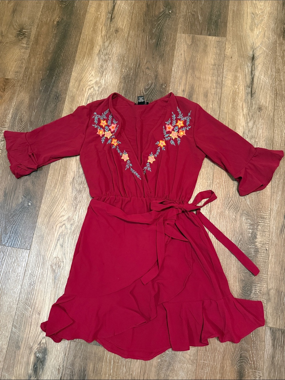 Angie Red Embroidered Wrap Mini Dress